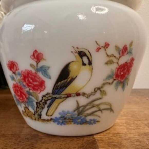 Vintage Avon Milk Glass Apothecary Jar Bird Floral Motif Lidded Container - Picture 2 of 6
